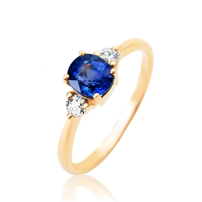 Yellow Gold Three Stone Diamond and Blue Sapphire Ring - Dreamy Blue Elegance - Unveiling Exquisite 14K Gold Blue Sapphire Rings - Saratti