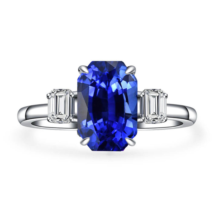 Stunning Three Stone Diamond and 3 Carat Emerald Ring in White Gold - Dreamy Blue Elegance - Unveiling Exquisite 14K Gold Blue Sapphire Rings - Saratti